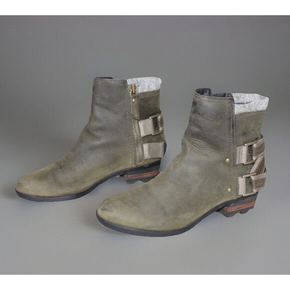 SOREL Boots 8.5 Lolla Ankle Bootie Green Leather Buckle Waterproof NL2269-213 - Picture 1 of 10